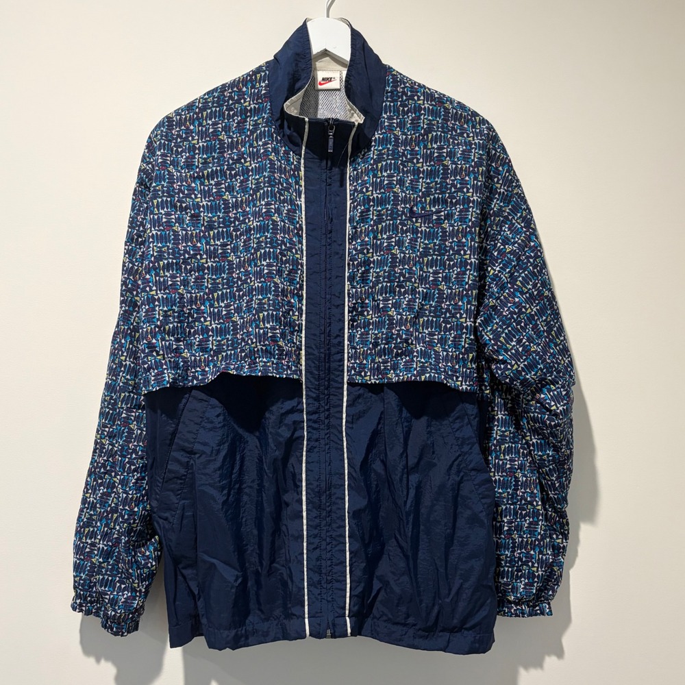 Vintage Nike Windbreaker Jacket Navy Blue Geometric Abstract Print Womens Large